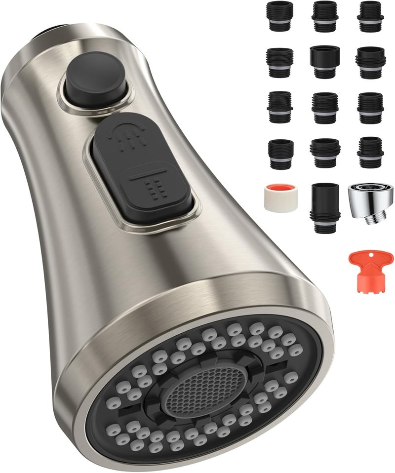 Mbillion Universal Brushed Nickel Kitchen Faucet Sprayer Head Replacement, 3 Function ABS Sink Faucet Head, Pull-Down Nozzle with 14 Adapters, Compatible with Moen,Delta,Kohler,WEWE American Standard - Image 1